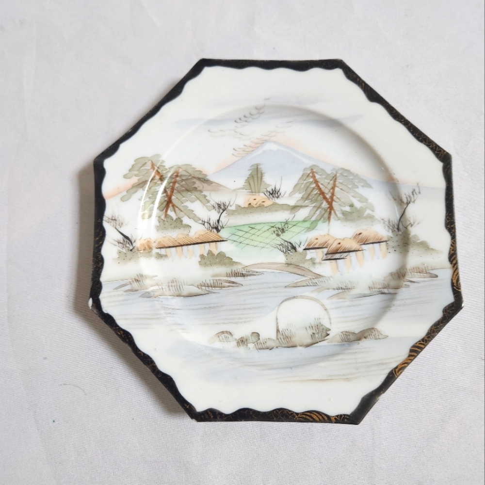 Vintage Asian Octagon Mountain Water Scene Plate Trinket Dish